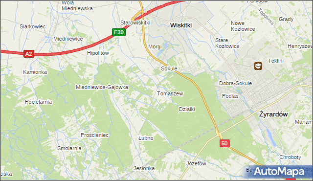 mapa Tomaszew gmina Wiskitki, Tomaszew gmina Wiskitki na mapie Targeo