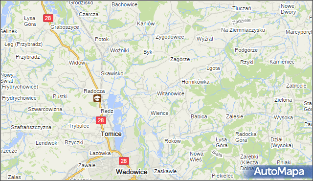 mapa Witanowice gmina Tomice, Witanowice gmina Tomice na mapie Targeo