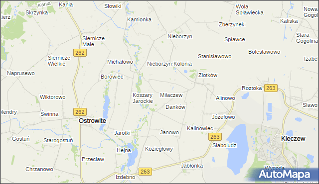 mapa Miłaczew gmina Kleczew, Miłaczew gmina Kleczew na mapie Targeo