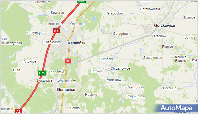 mapa Chruścin gmina Gomunice, Chruścin gmina Gomunice na mapie Targeo