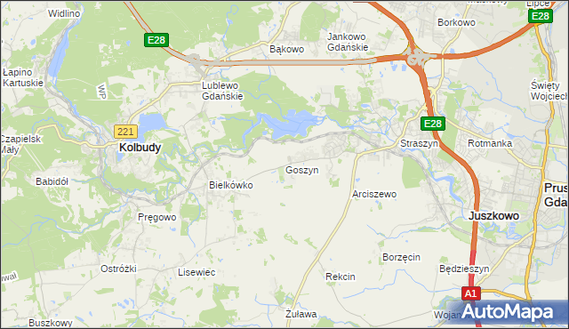 mapa Goszyn gmina Pruszcz Gdański, Goszyn gmina Pruszcz Gdański na mapie Targeo