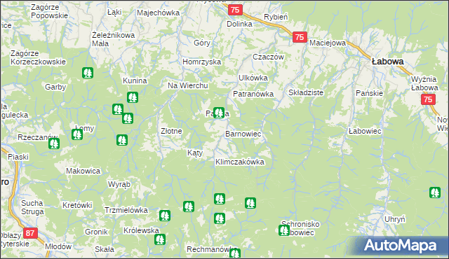 mapa Barnowiec gmina Łabowa, Barnowiec gmina Łabowa na mapie Targeo