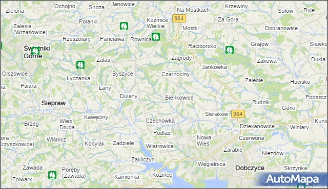 mapa Bieńkowice gmina Dobczyce, Bieńkowice gmina Dobczyce na mapie Targeo