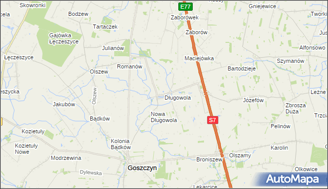 mapa Długowola gmina Goszczyn, Długowola gmina Goszczyn na mapie Targeo
