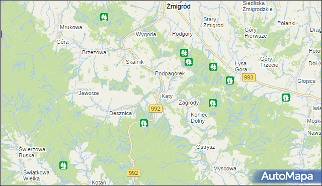 mapa Kąty gmina Nowy Żmigród, Kąty gmina Nowy Żmigród na mapie Targeo