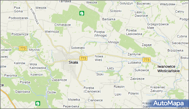 mapa Nowa Wieś gmina Skała, Nowa Wieś gmina Skała na mapie Targeo