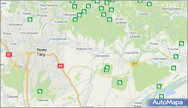 mapa Ostrowsko gmina Nowy Targ, Ostrowsko gmina Nowy Targ na mapie Targeo