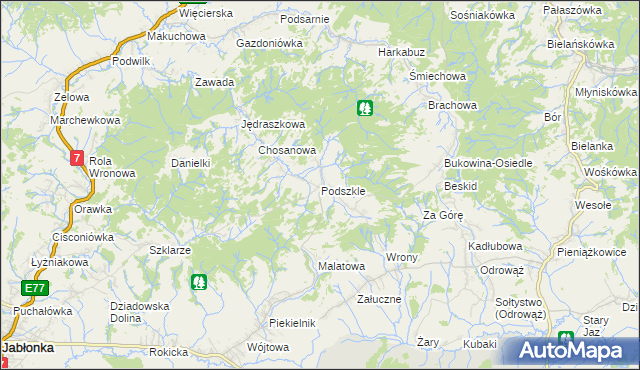 mapa Podszkle gmina Czarny Dunajec, Podszkle gmina Czarny Dunajec na mapie Targeo