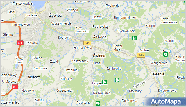 mapa Świnna powiat żywiecki, Świnna powiat żywiecki na mapie Targeo