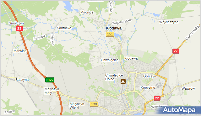 mapa Chwalęcice gmina Kłodawa, Chwalęcice gmina Kłodawa na mapie Targeo