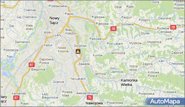mapa Kunów gmina Chełmiec, Kunów gmina Chełmiec na mapie Targeo