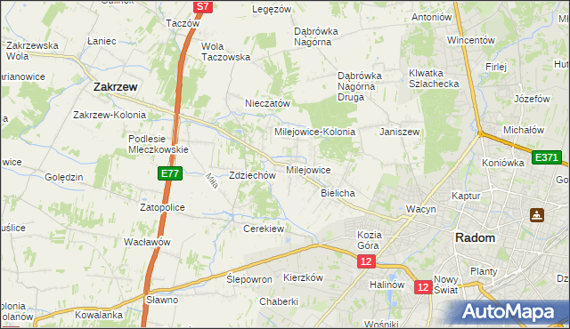 mapa Milejowice gmina Zakrzew, Milejowice gmina Zakrzew na mapie Targeo