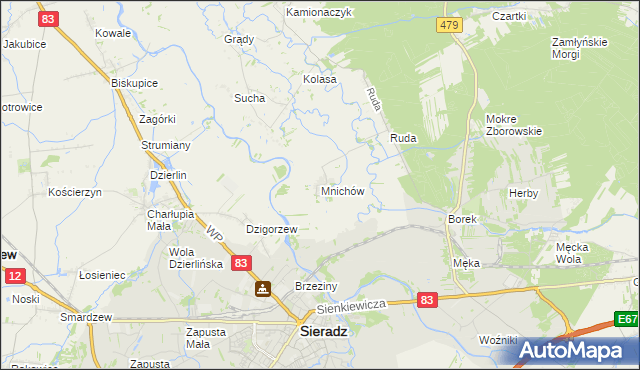 mapa Mnichów gmina Sieradz, Mnichów gmina Sieradz na mapie Targeo