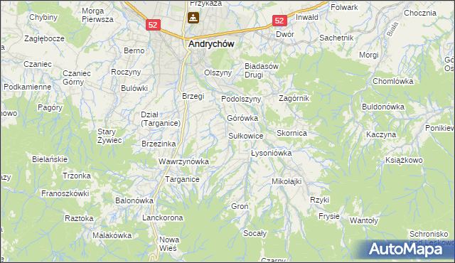 mapa Sułkowice gmina Andrychów, Sułkowice gmina Andrychów na mapie Targeo