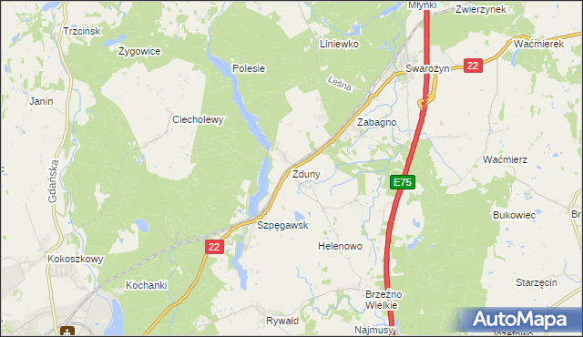 mapa Zduny gmina Starogard Gdański, Zduny gmina Starogard Gdański na mapie Targeo