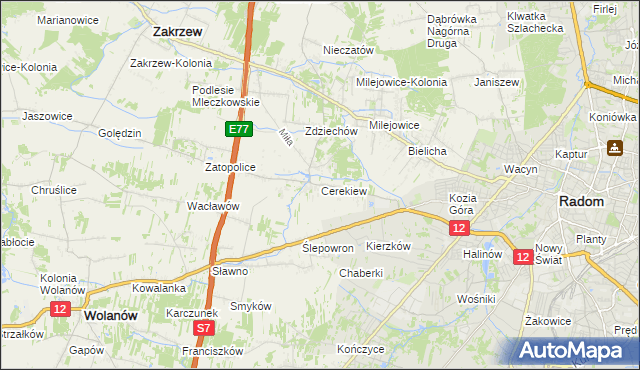 mapa Cerekiew gmina Zakrzew, Cerekiew gmina Zakrzew na mapie Targeo