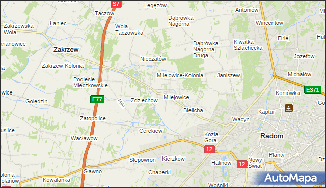 mapa Milejowice gmina Zakrzew, Milejowice gmina Zakrzew na mapie Targeo