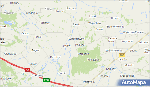 mapa Podłęże gmina Świnice Warckie, Podłęże gmina Świnice Warckie na mapie Targeo