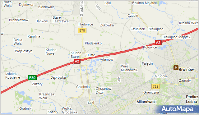 mapa Adamów gmina Grodzisk Mazowiecki, Adamów gmina Grodzisk Mazowiecki na mapie Targeo