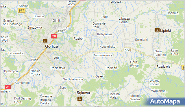 mapa Dominikowice gmina Gorlice, Dominikowice gmina Gorlice na mapie Targeo