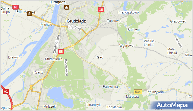 mapa Gać gmina Grudziądz, Gać gmina Grudziądz na mapie Targeo