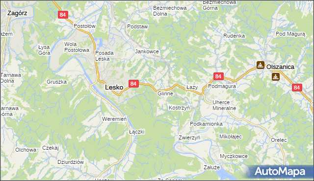 mapa Glinne gmina Lesko, Glinne gmina Lesko na mapie Targeo