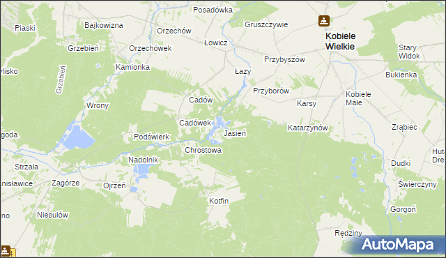 mapa Jasień gmina Kobiele Wielkie, Jasień gmina Kobiele Wielkie na mapie Targeo