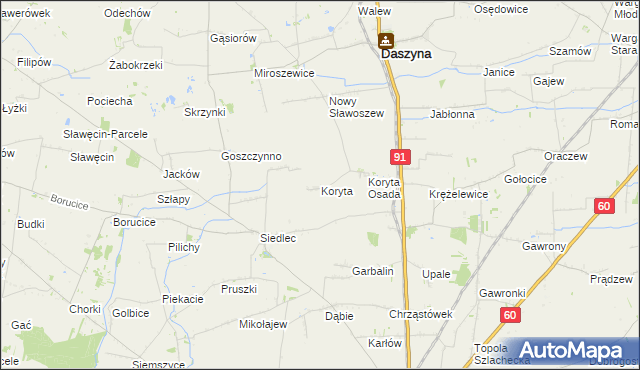 mapa Koryta gmina Daszyna, Koryta gmina Daszyna na mapie Targeo