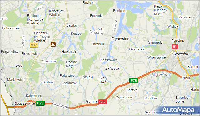 mapa Kostkowice gmina Dębowiec, Kostkowice gmina Dębowiec na mapie Targeo