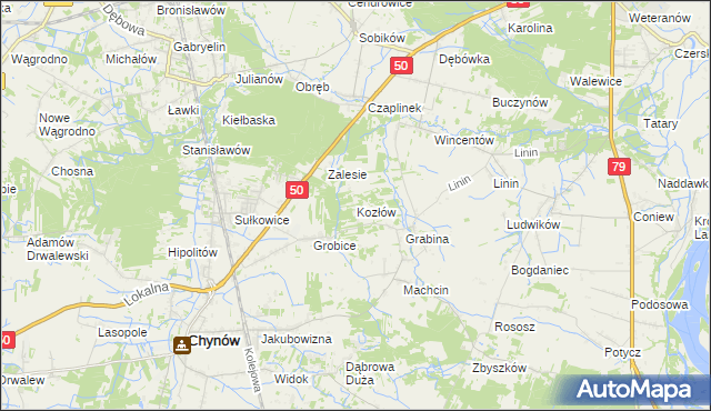 mapa Kozłów gmina Chynów, Kozłów gmina Chynów na mapie Targeo