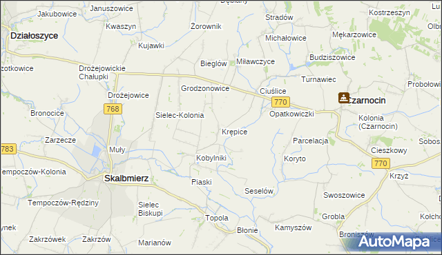 mapa Krępice gmina Skalbmierz, Krępice gmina Skalbmierz na mapie Targeo