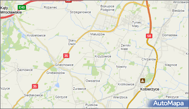 mapa Krzyżowice gmina Kobierzyce, Krzyżowice gmina Kobierzyce na mapie Targeo