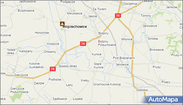 mapa Kunice gmina Wojciechowice, Kunice gmina Wojciechowice na mapie Targeo