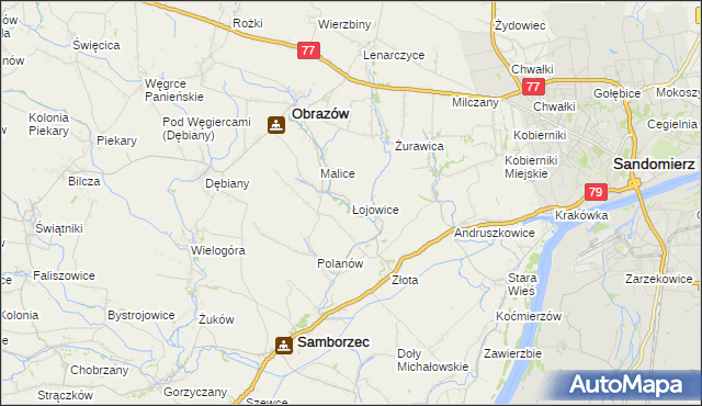 mapa Łojowice gmina Samborzec, Łojowice gmina Samborzec na mapie Targeo