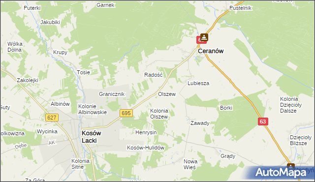 mapa Olszew gmina Ceranów, Olszew gmina Ceranów na mapie Targeo