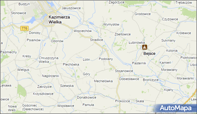 mapa Podolany gmina Kazimierza Wielka, Podolany gmina Kazimierza Wielka na mapie Targeo