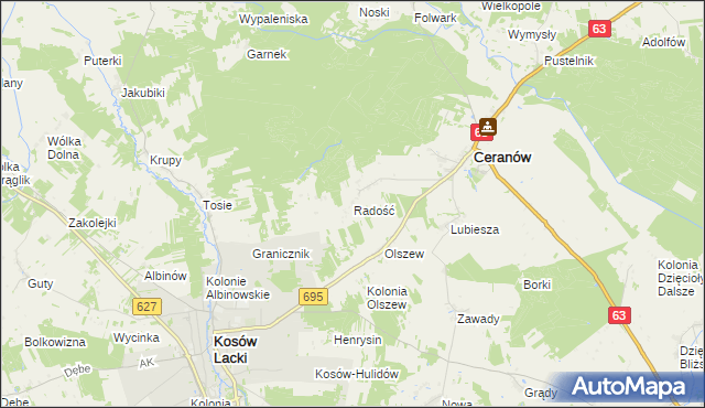 mapa Radość gmina Ceranów, Radość gmina Ceranów na mapie Targeo