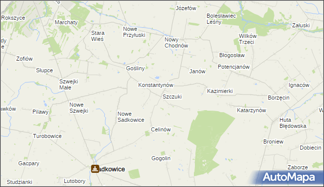 mapa Szczuki gmina Biała Rawska, Szczuki gmina Biała Rawska na mapie Targeo