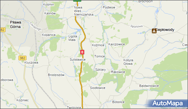 mapa Tomice gmina Ciepłowody, Tomice gmina Ciepłowody na mapie Targeo