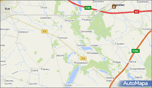 mapa Tomice gmina Stęszew, Tomice gmina Stęszew na mapie Targeo