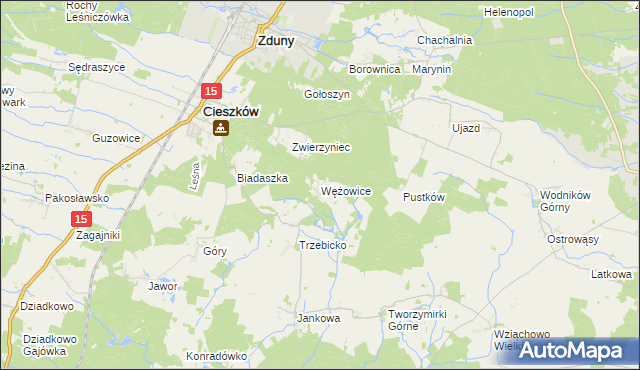 mapa Wężowice gmina Cieszków, Wężowice gmina Cieszków na mapie Targeo