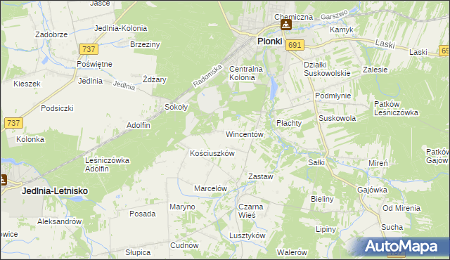 mapa Wincentów gmina Pionki, Wincentów gmina Pionki na mapie Targeo