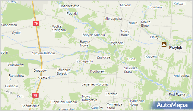 mapa Zastocze gmina Zwoleń, Zastocze gmina Zwoleń na mapie Targeo