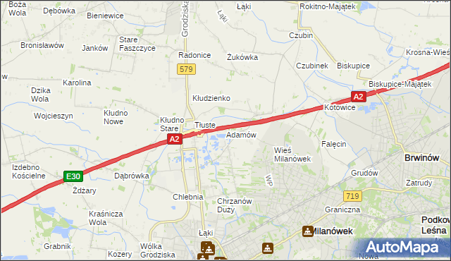 mapa Adamów gmina Grodzisk Mazowiecki, Adamów gmina Grodzisk Mazowiecki na mapie Targeo
