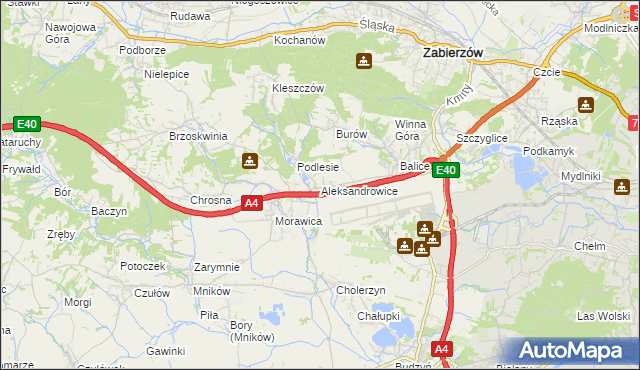 mapa Aleksandrowice gmina Zabierzów, Aleksandrowice gmina Zabierzów na mapie Targeo