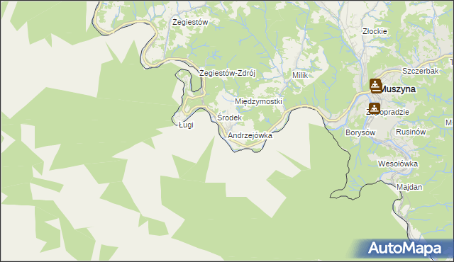 mapa Andrzejówka gmina Muszyna, Andrzejówka gmina Muszyna na mapie Targeo