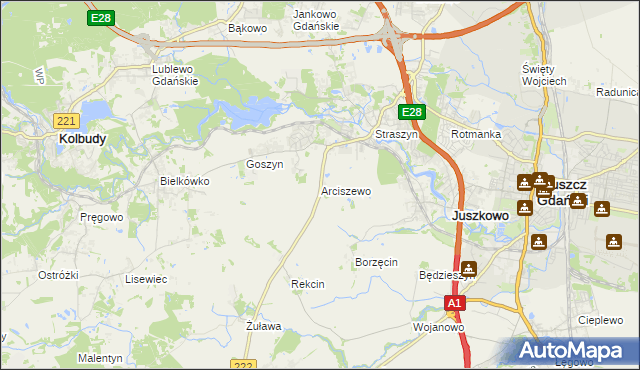 mapa Arciszewo gmina Pruszcz Gdański, Arciszewo gmina Pruszcz Gdański na mapie Targeo