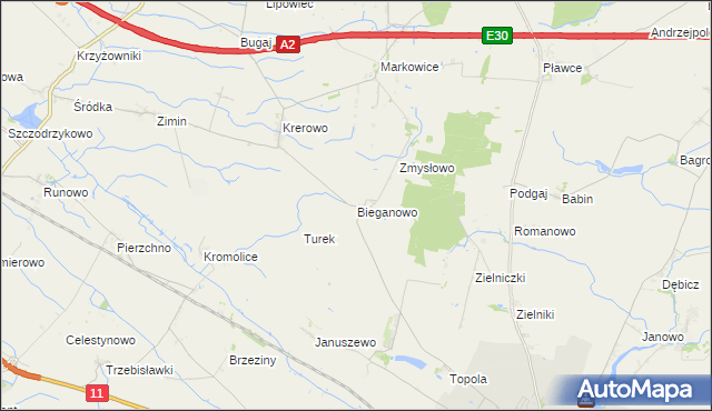 mapa Bieganowo gmina Środa Wielkopolska, Bieganowo gmina Środa Wielkopolska na mapie Targeo
