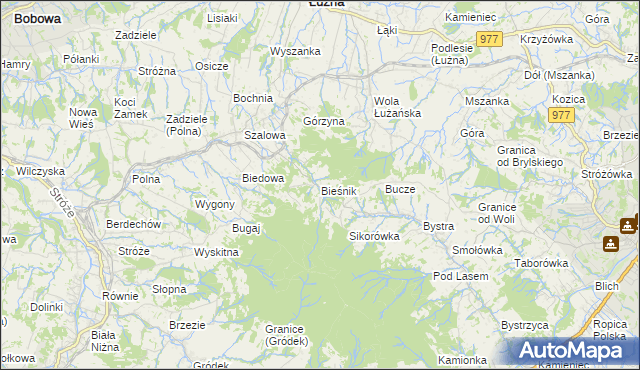 mapa Bieśnik gmina Łużna, Bieśnik gmina Łużna na mapie Targeo