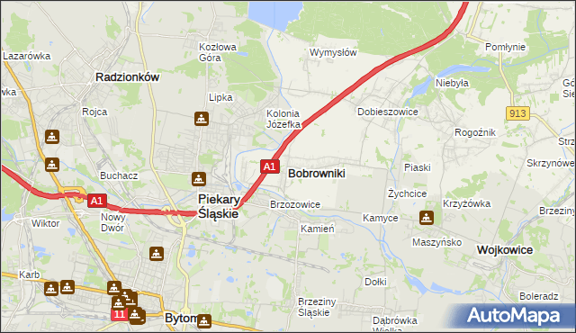 mapa Bobrowniki powiat będziński, Bobrowniki powiat będziński na mapie Targeo